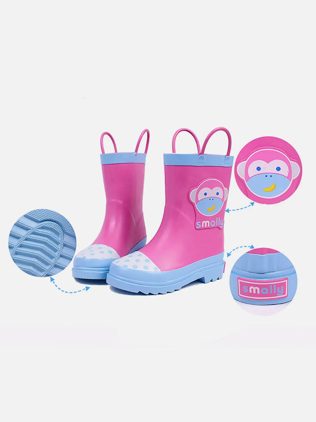 Little Surprise Box Pink Monkey Flexible Rubber Rain Gumboots for Toddlers and Kids