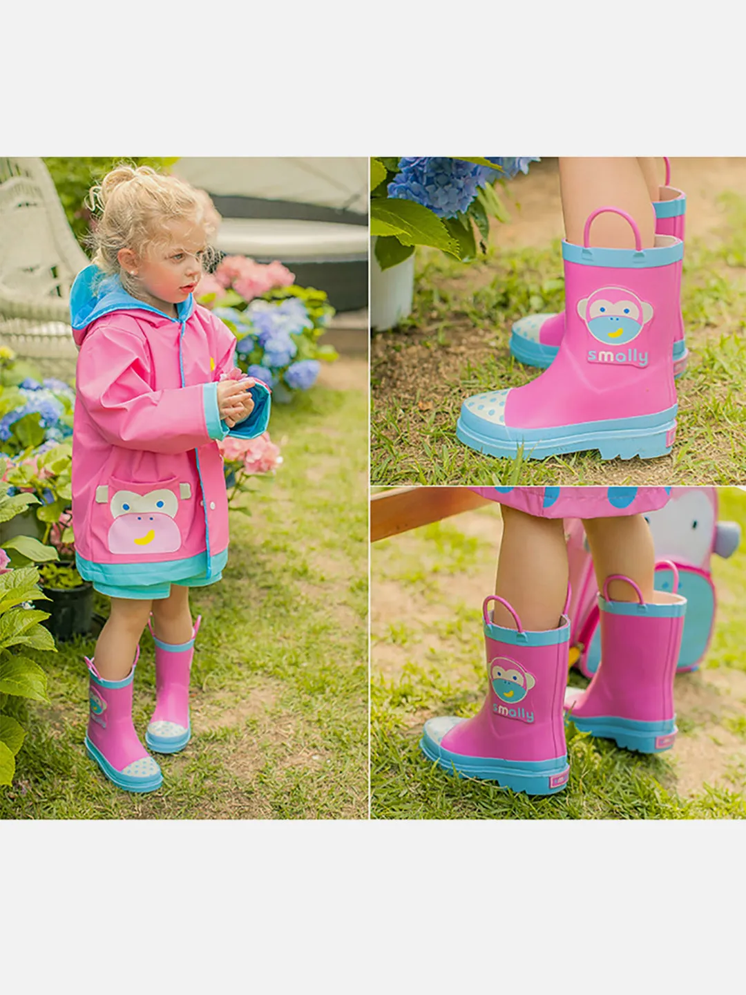 Little Surprise Box Pink Monkey Flexible Rubber Rain Gumboots for Toddlers and Kids