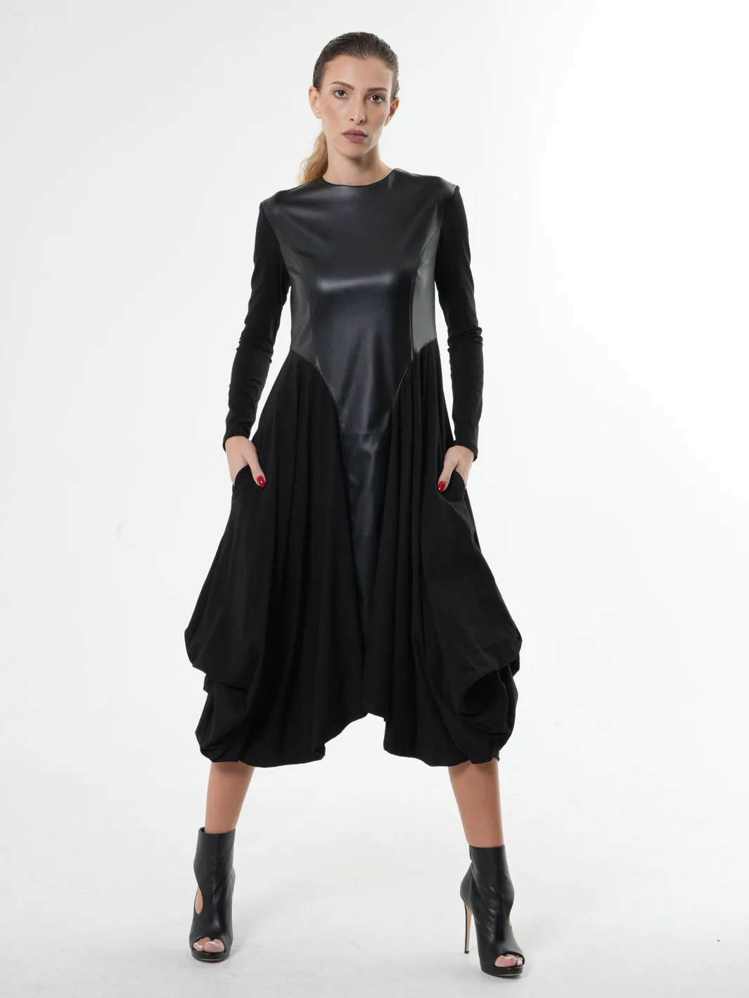 Long Sleeve Dress With Vegan Leather Front