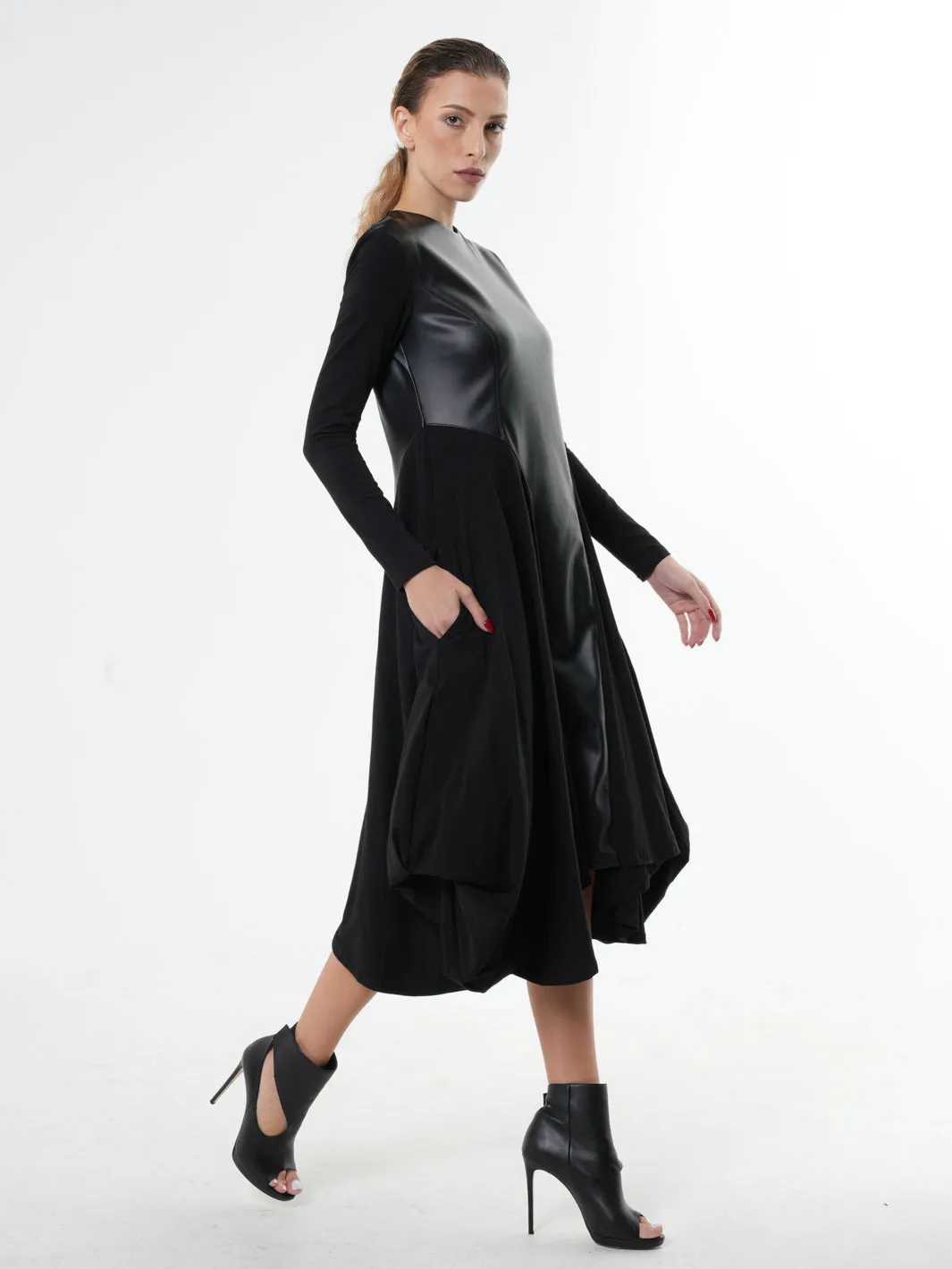 Long Sleeve Dress With Vegan Leather Front