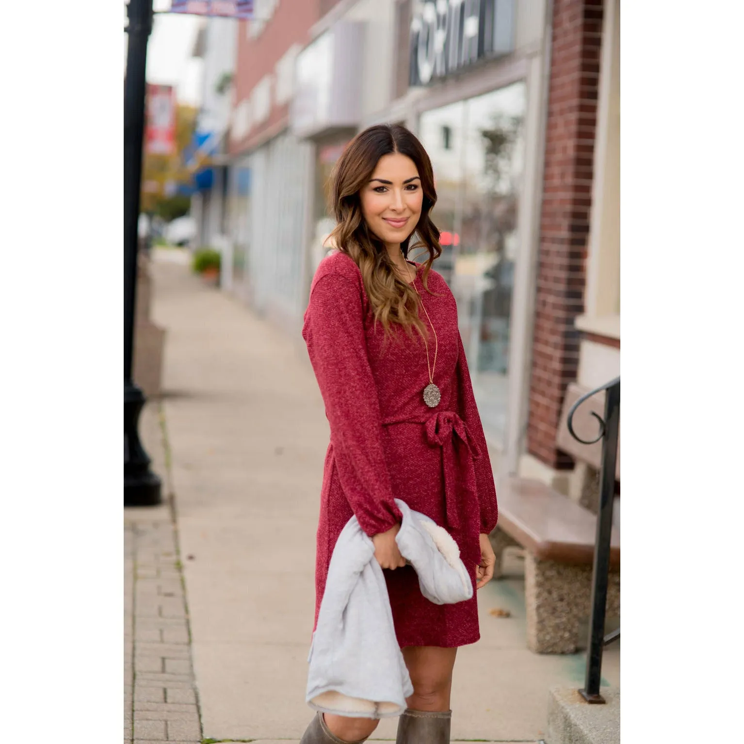 Long Sleeve Front Tie Sweater Dress