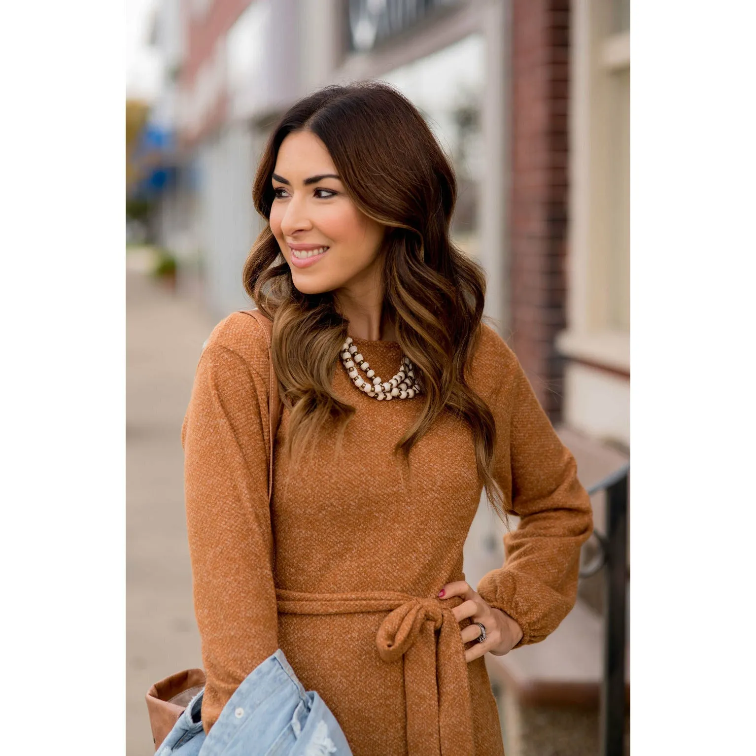 Long Sleeve Front Tie Sweater Dress