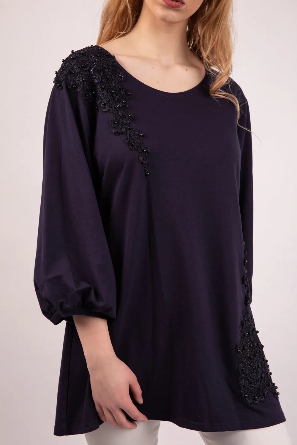 Long Sleeve Tunic Top with Floral Embroidery