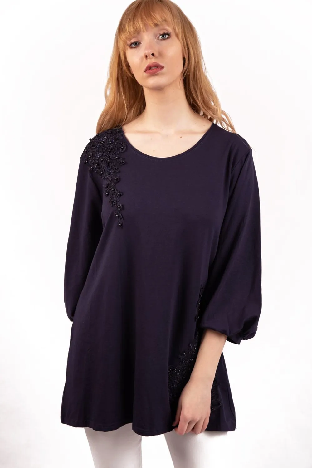 Long Sleeve Tunic Top with Floral Embroidery