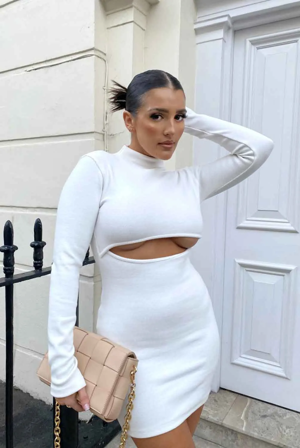 Long Sleeve Waist Cut Out Mini Dress Ivory