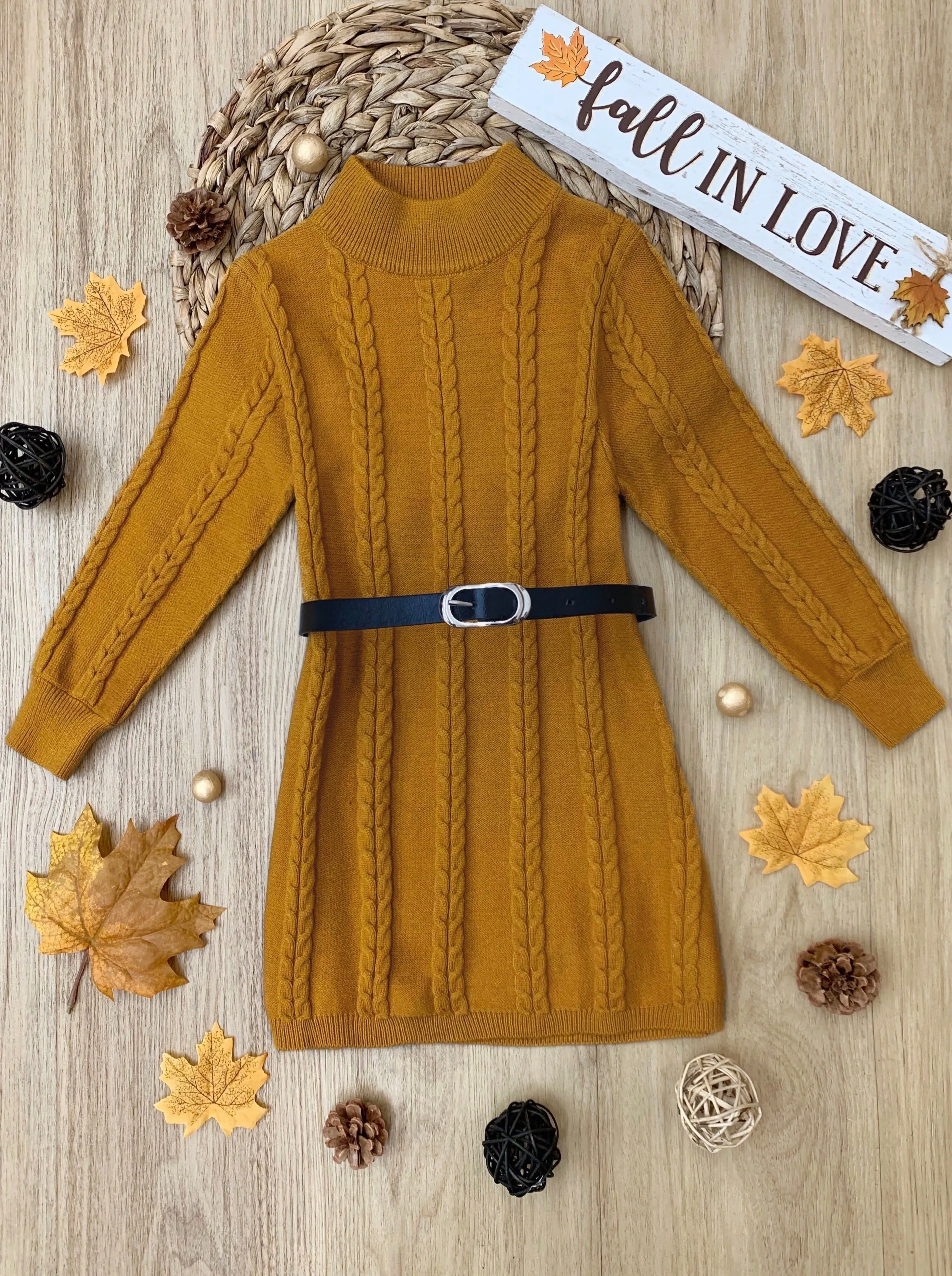 Marigold Glam Cable Knit Belted Sweater Dress