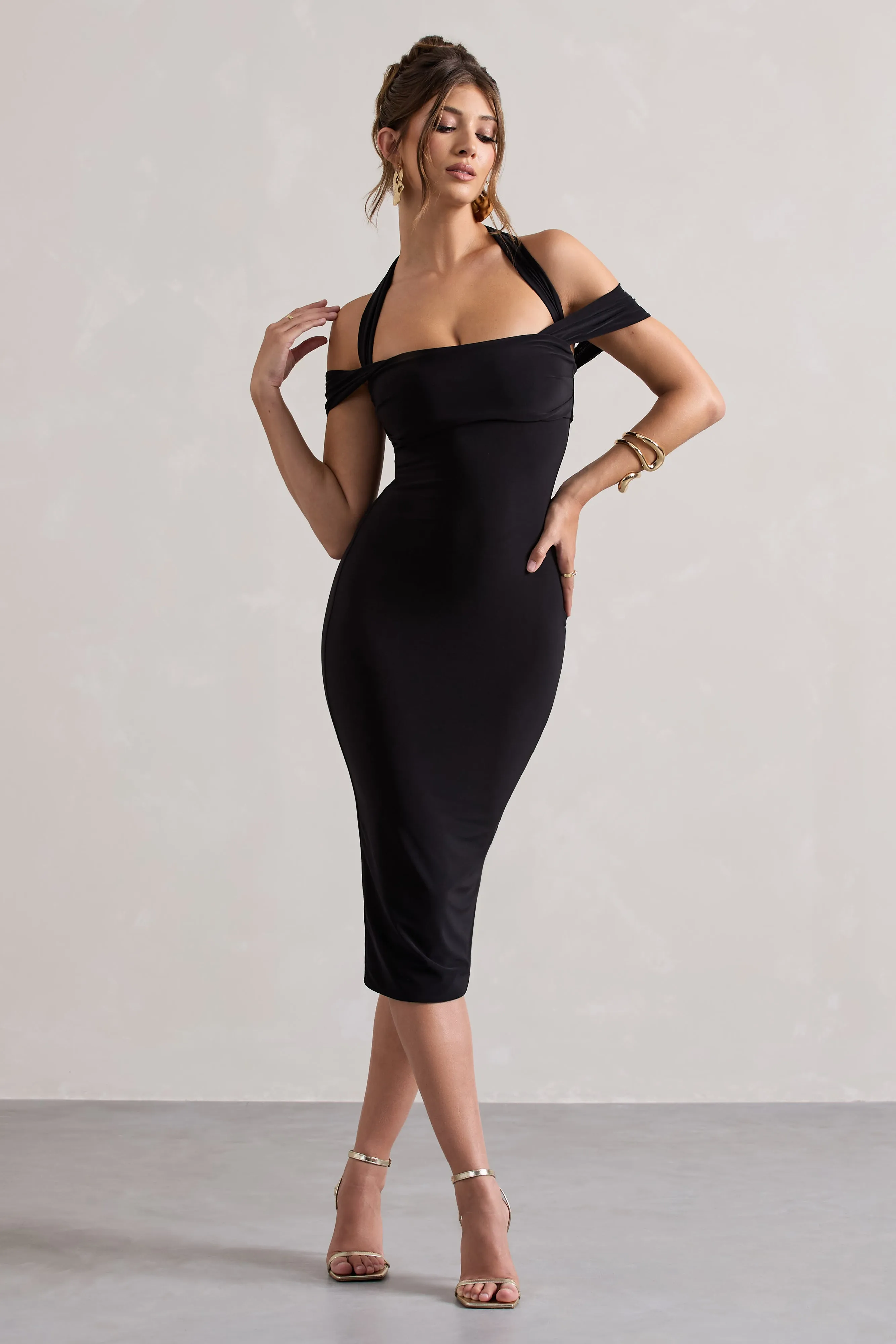 Marla | Black Halter-Neck Draped-Sleeve Midi Dress