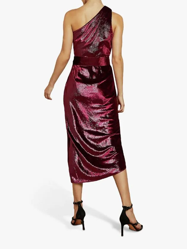 Metallic One Shoulder Velvet Midi Dress