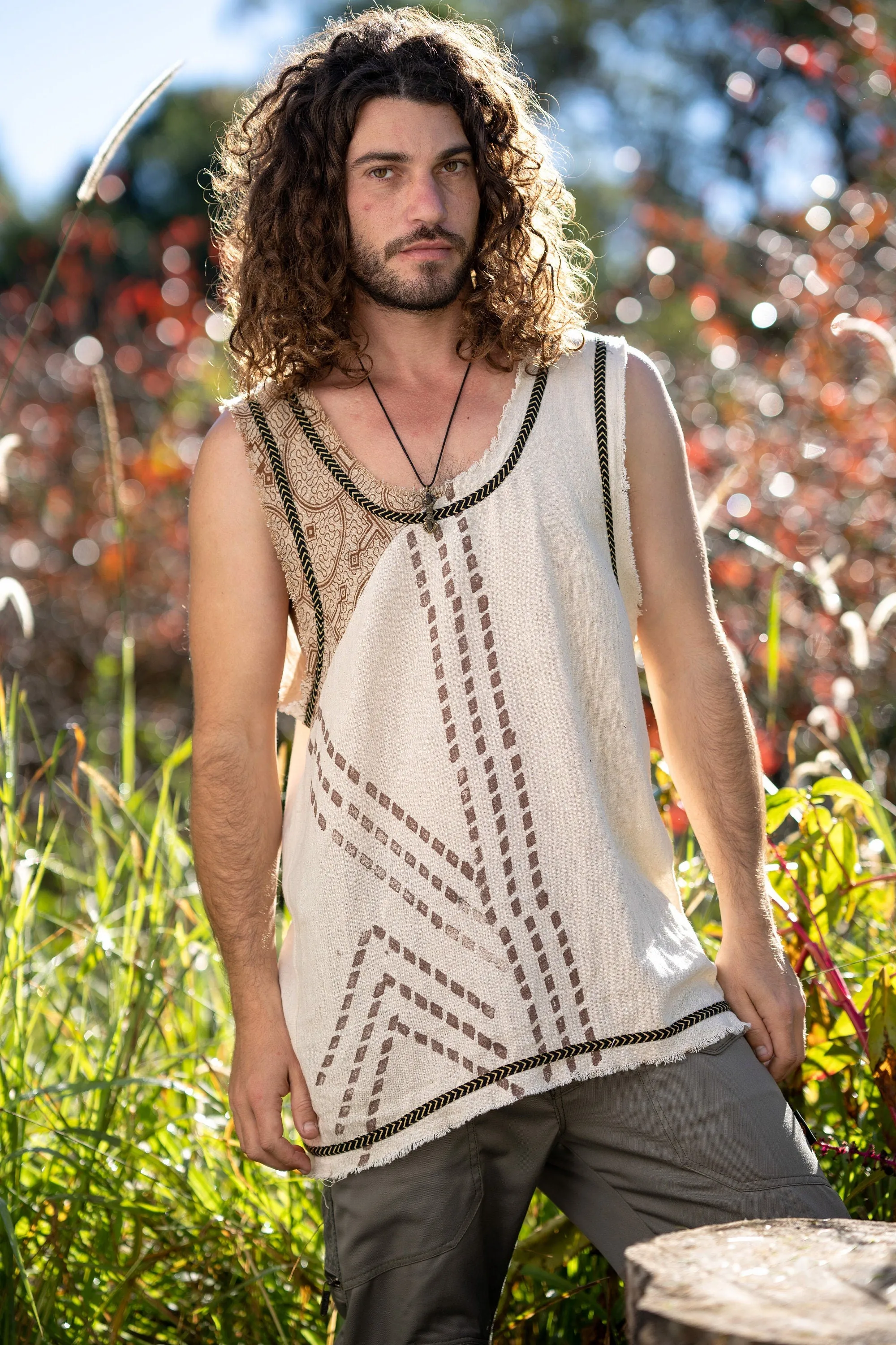 MUKTI Brown Mens Sleeveless Tank Top Shipibo and Block Print combo on cotton gypsy festival shirt ethnic eclectic Tribal breathable AJJAYA