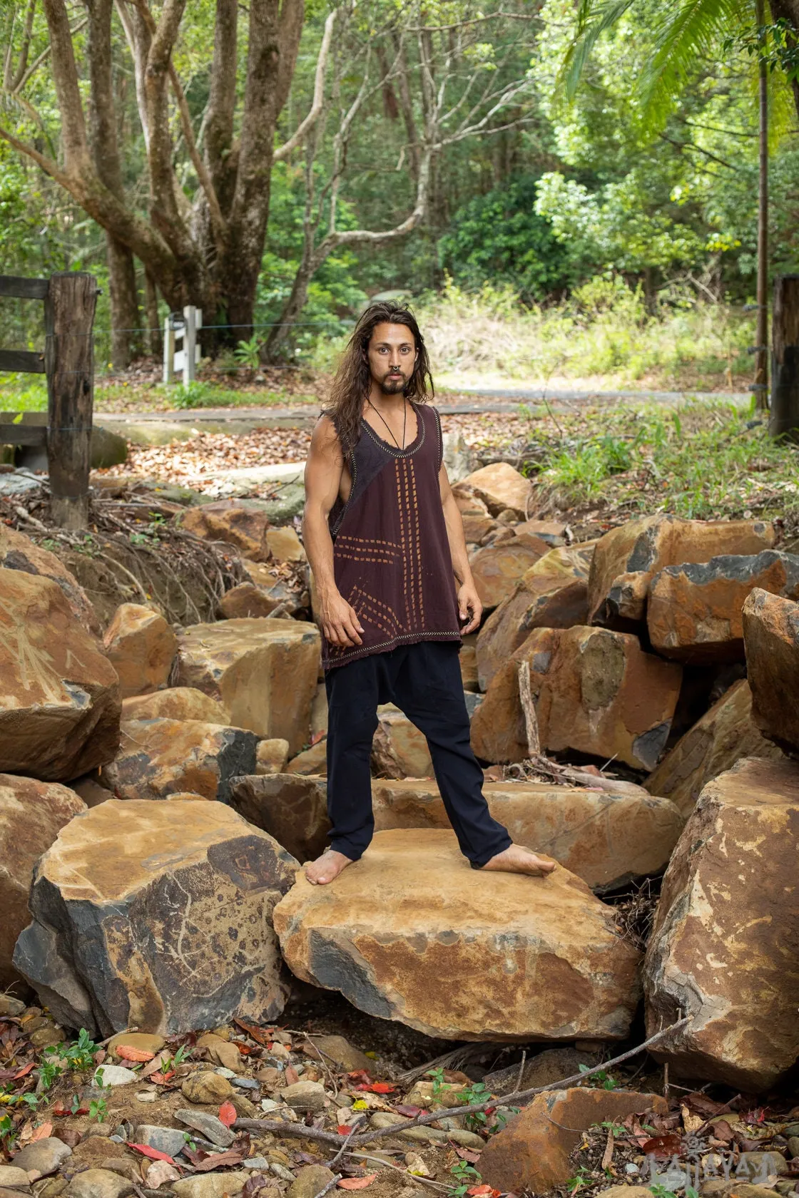 MUKTI Brown Mens Sleeveless Tank Top Shipibo and Block Print combo on cotton gypsy festival shirt ethnic eclectic Tribal breathable AJJAYA