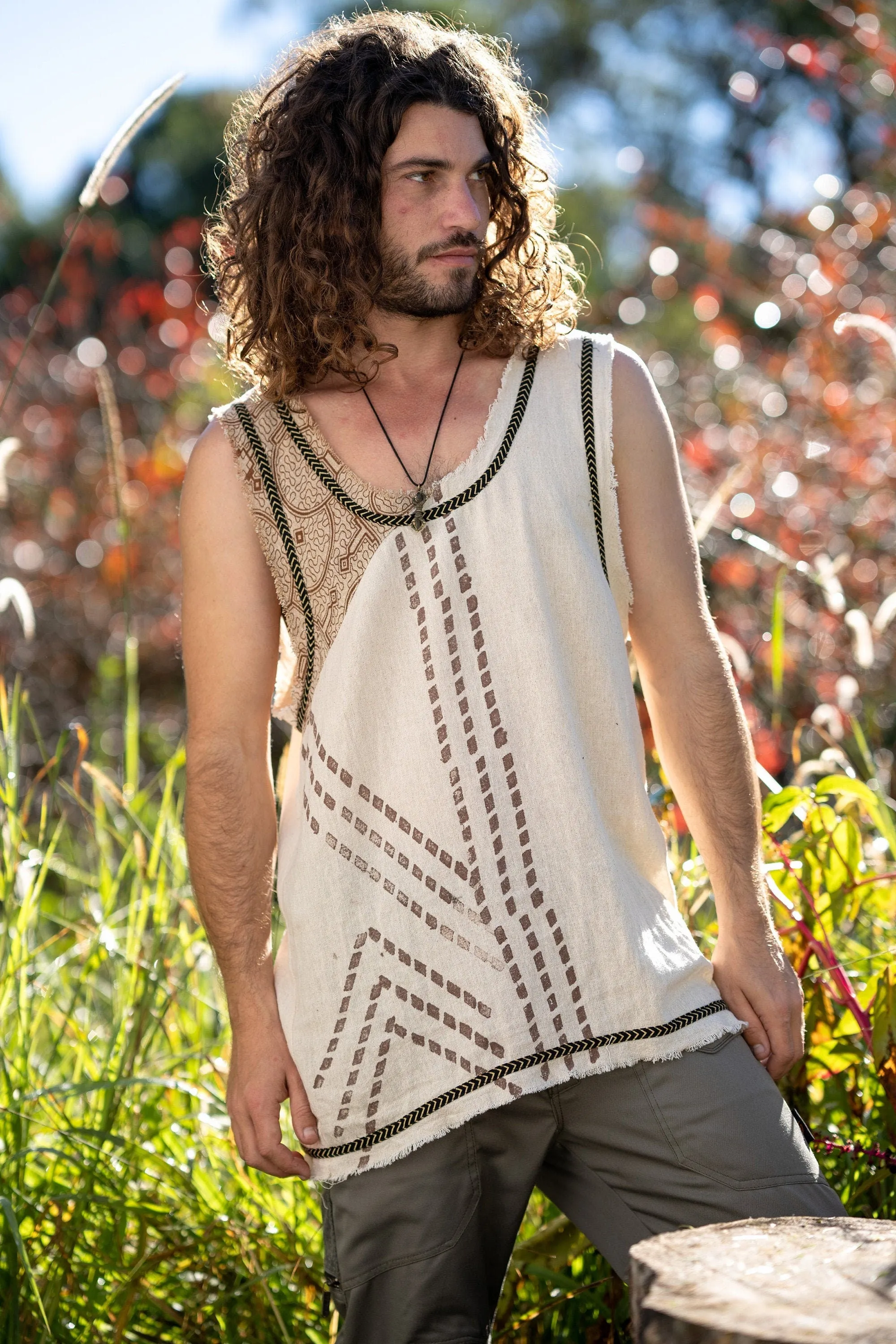 MUKTI Brown Mens Sleeveless Tank Top Shipibo and Block Print combo on cotton gypsy festival shirt ethnic eclectic Tribal breathable AJJAYA