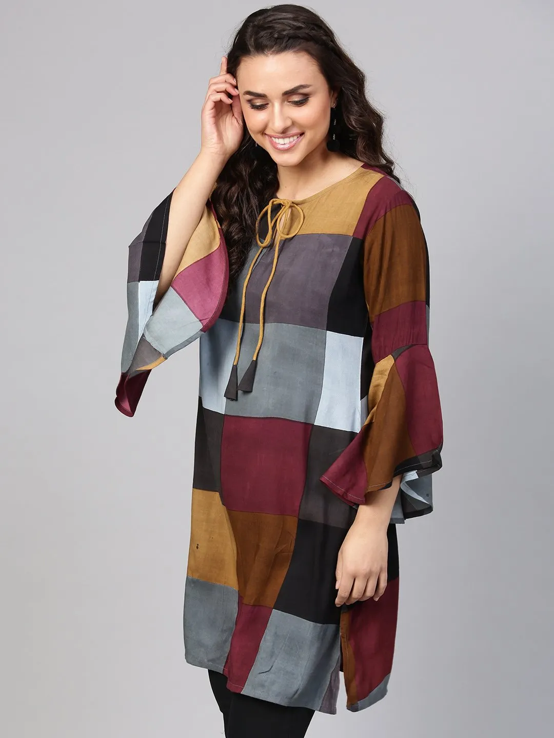 Multi-Colored Checked Tunic Key Hole Neck & Bell Sleeves