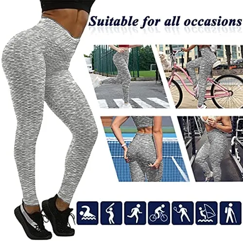 Murandick Textured Leggings for Women Scrunch High Waist Textured Yoga Workout Pants - Grey White