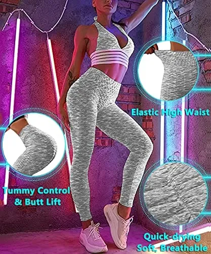 Murandick Textured Leggings for Women Scrunch High Waist Textured Yoga Workout Pants - Grey White