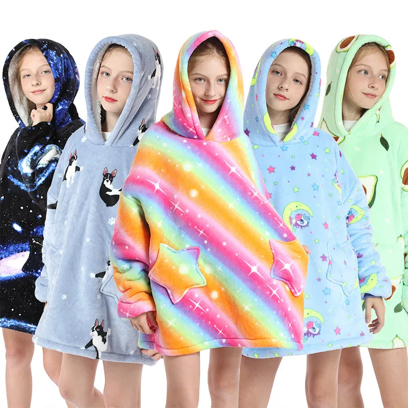 Oversized Blanket Hoodie Wearable Hooded Pullover with Pockets for Kids Aged 5-15