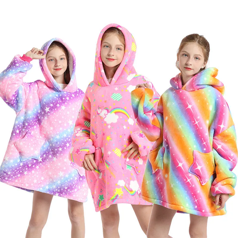 Oversized Blanket Hoodie Wearable Hooded Pullover with Pockets for Kids Aged 5-15