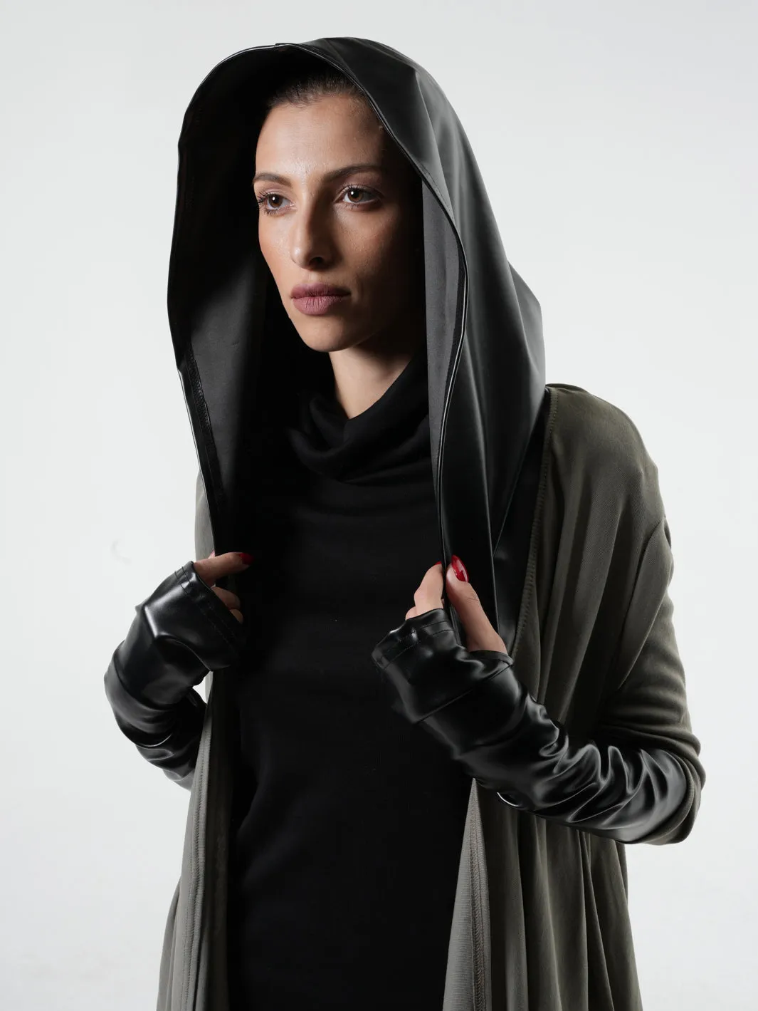 Oversized tunic with Leather Hood