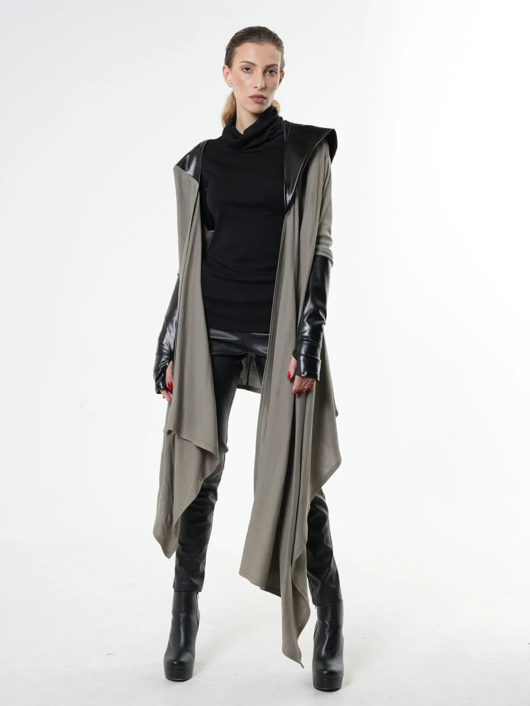 Oversized tunic with Leather Hood