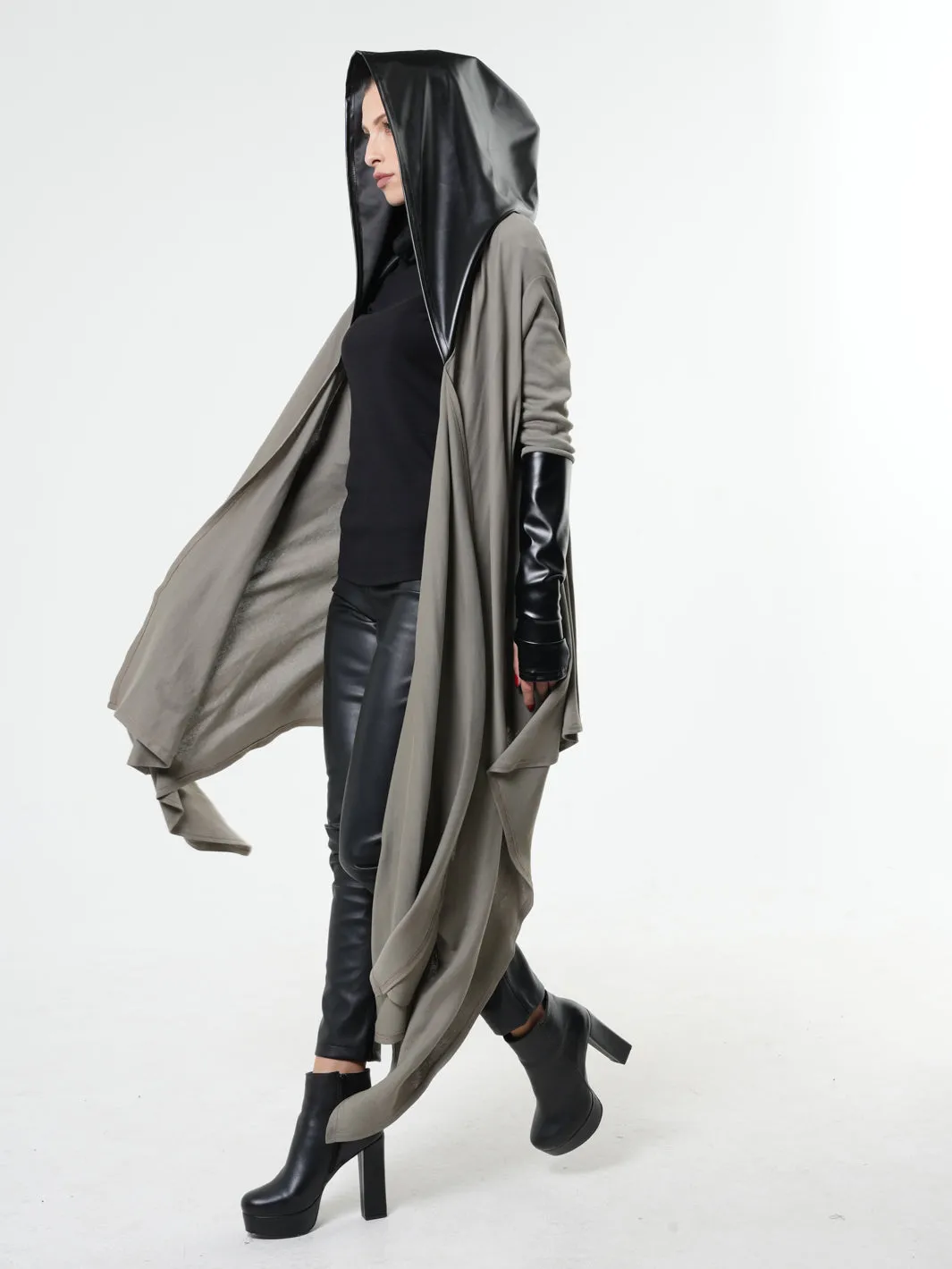 Oversized tunic with Leather Hood