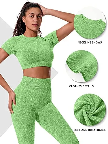 OYS Womens Yoga 2 Pieces Workout Outfits Seamless High Waist Leggings Sports Crop Top Running Sets Light Green