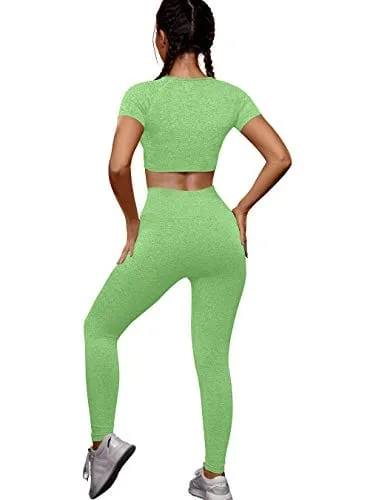 OYS Womens Yoga 2 Pieces Workout Outfits Seamless High Waist Leggings Sports Crop Top Running Sets Light Green