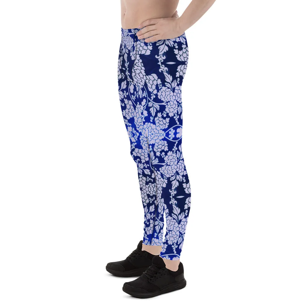 Pastel Purple Floral Men's Leggings, Best Purple and Blue Oriental Style Floral Print Meggings Compression Tights - Made in USA/EU/MX