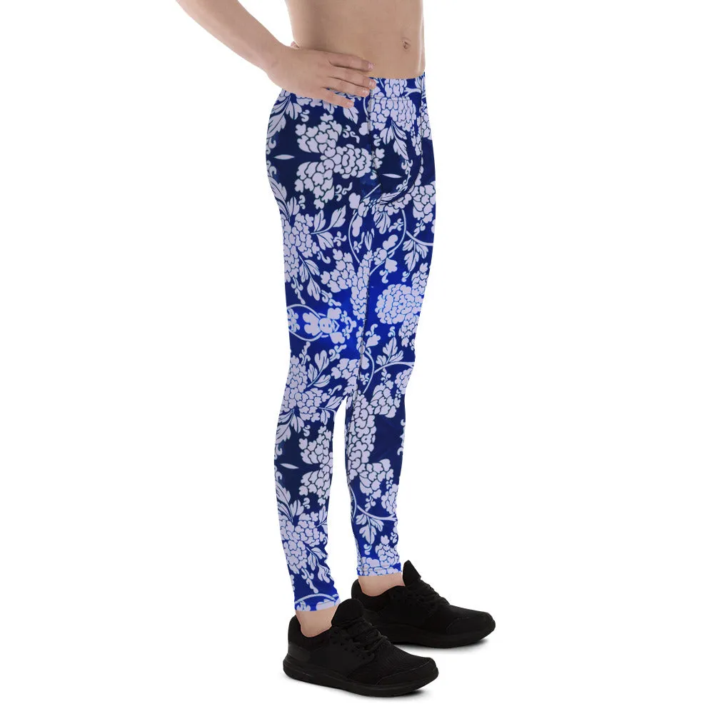 Pastel Purple Floral Men's Leggings, Best Purple and Blue Oriental Style Floral Print Meggings Compression Tights - Made in USA/EU/MX