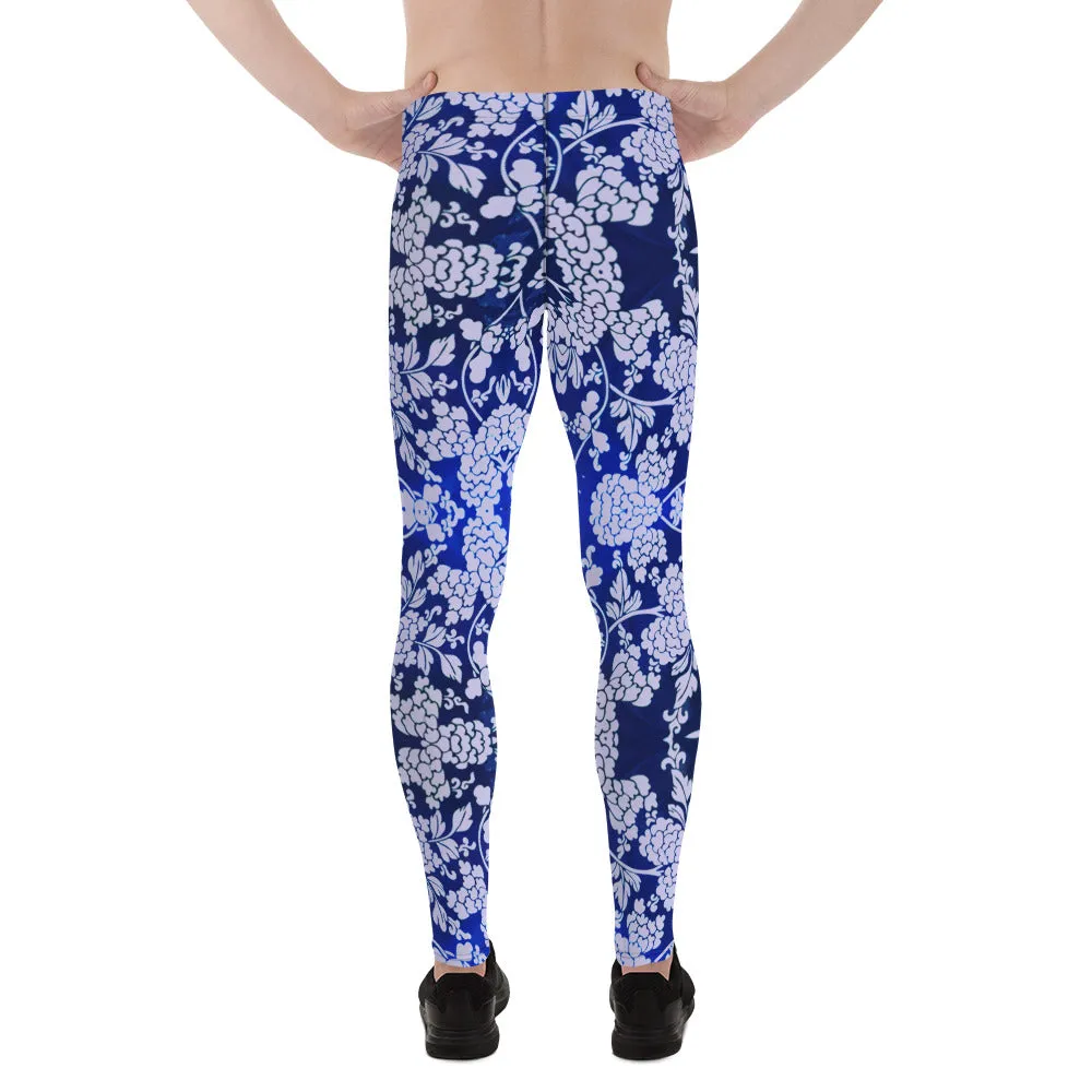 Pastel Purple Floral Men's Leggings, Best Purple and Blue Oriental Style Floral Print Meggings Compression Tights - Made in USA/EU/MX