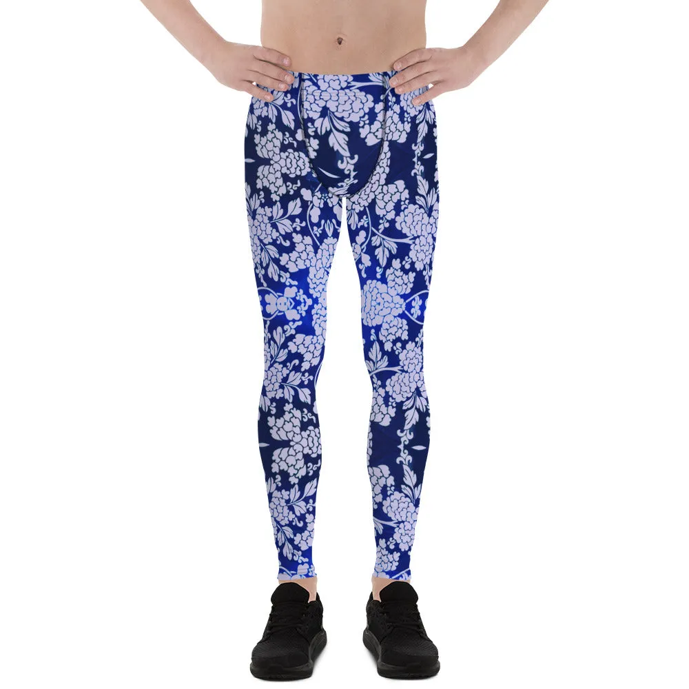 Pastel Purple Floral Men's Leggings, Best Purple and Blue Oriental Style Floral Print Meggings Compression Tights - Made in USA/EU/MX