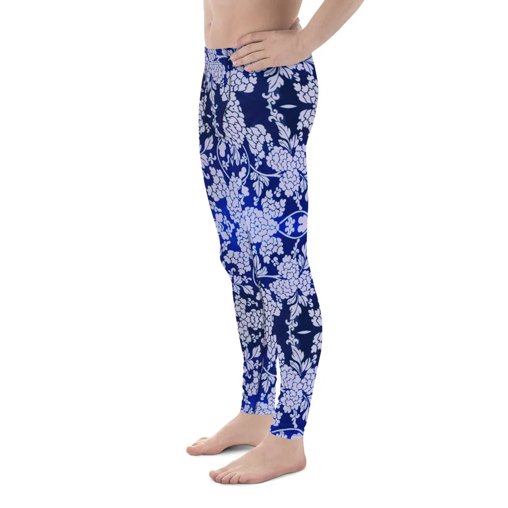 Pastel Purple Floral Men's Leggings, Best Purple and Blue Oriental Style Floral Print Meggings Compression Tights - Made in USA/EU/MX