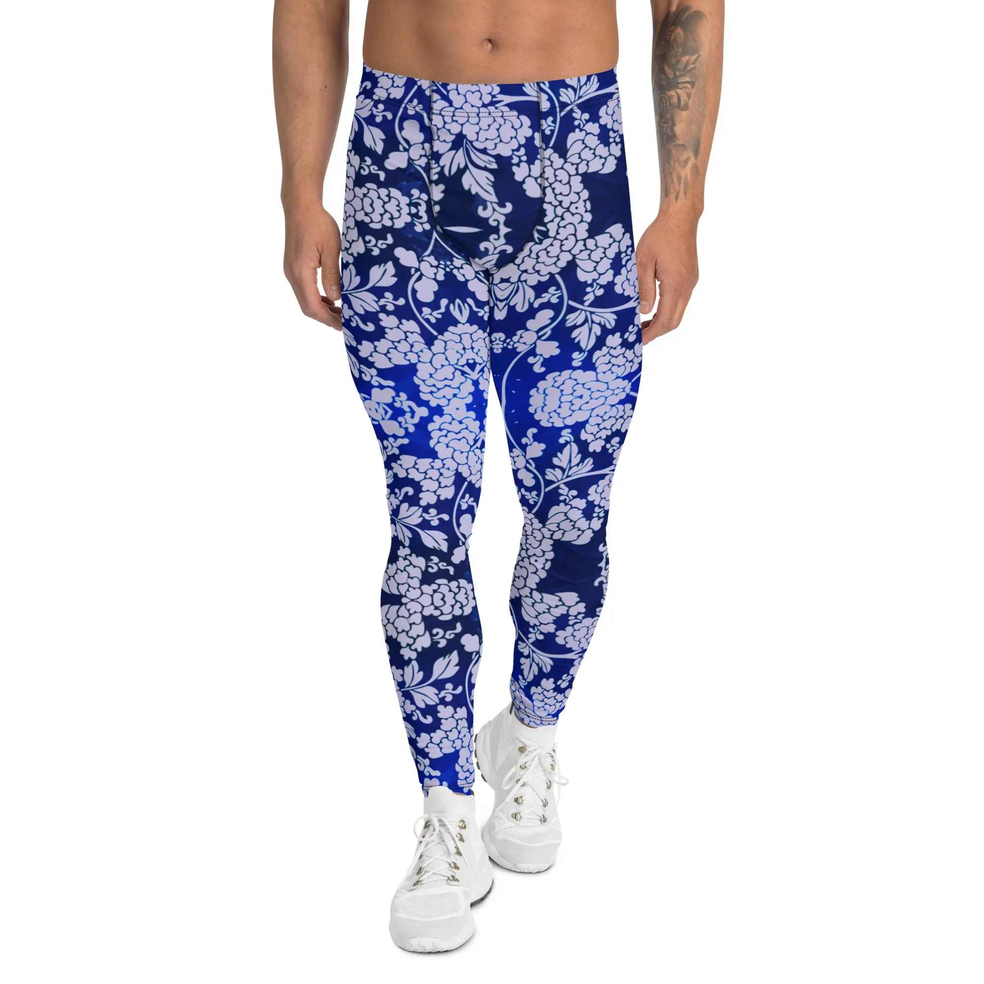 Pastel Purple Floral Men's Leggings, Best Purple and Blue Oriental Style Floral Print Meggings Compression Tights - Made in USA/EU/MX