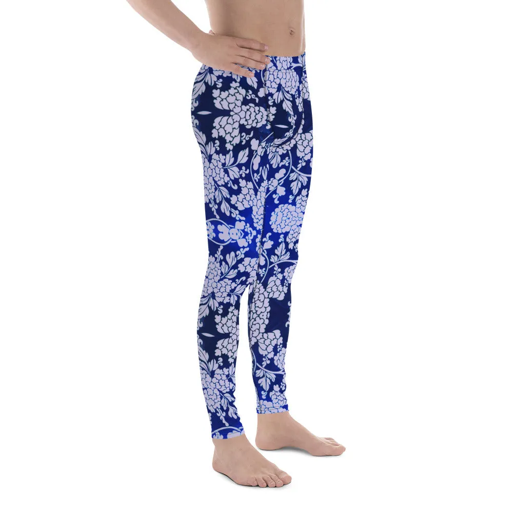 Pastel Purple Floral Men's Leggings, Best Purple and Blue Oriental Style Floral Print Meggings Compression Tights - Made in USA/EU/MX