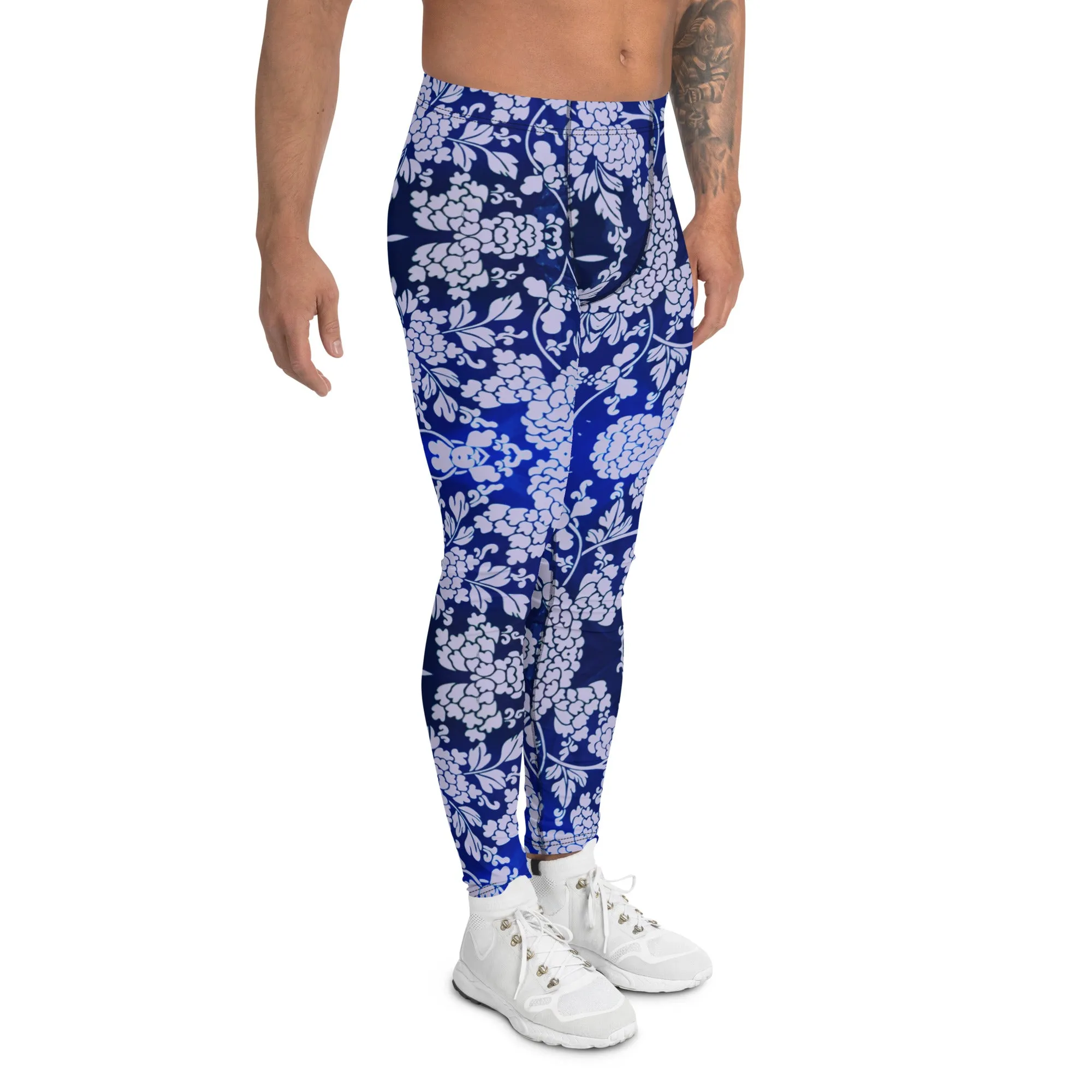 Pastel Purple Floral Men's Leggings, Best Purple and Blue Oriental Style Floral Print Meggings Compression Tights - Made in USA/EU/MX