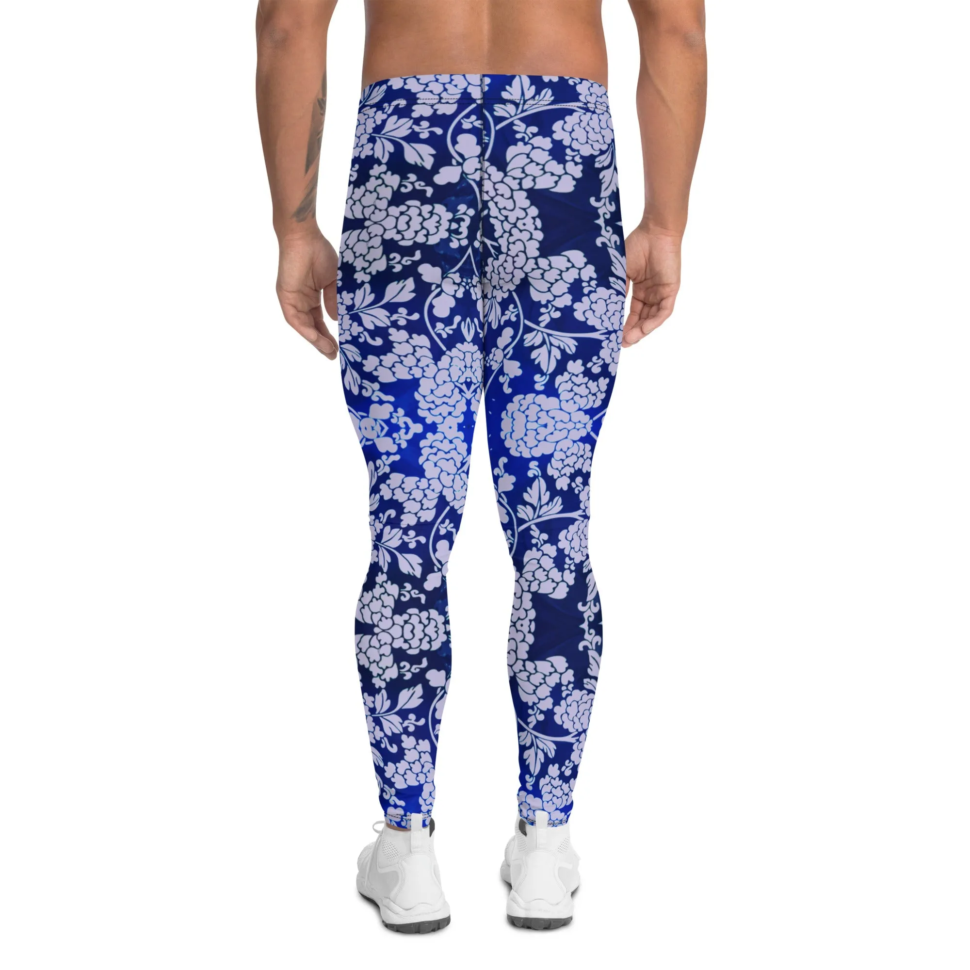 Pastel Purple Floral Men's Leggings, Best Purple and Blue Oriental Style Floral Print Meggings Compression Tights - Made in USA/EU/MX