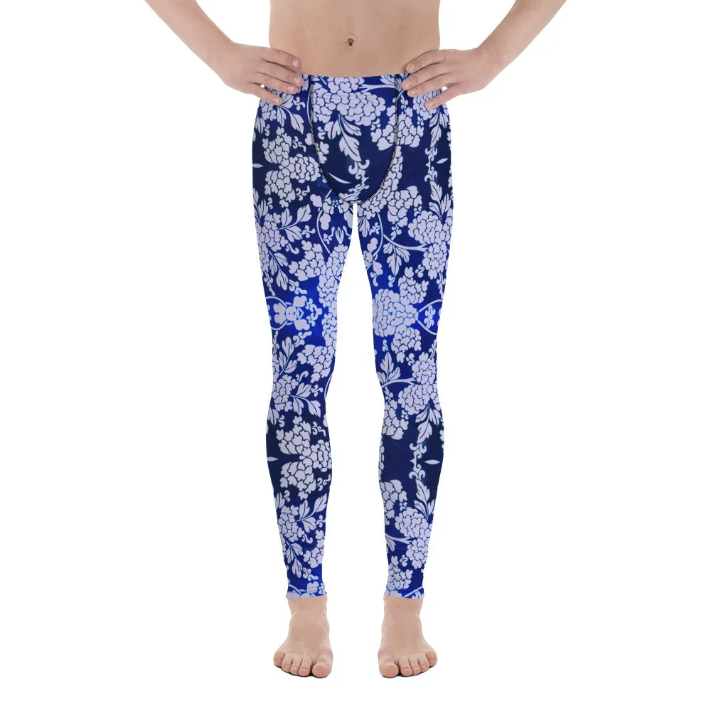 Pastel Purple Floral Men's Leggings, Best Purple and Blue Oriental Style Floral Print Meggings Compression Tights - Made in USA/EU/MX