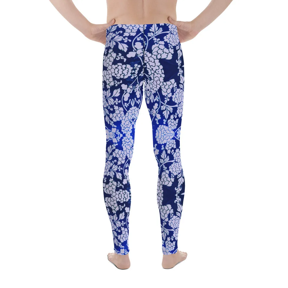 Pastel Purple Floral Men's Leggings, Best Purple and Blue Oriental Style Floral Print Meggings Compression Tights - Made in USA/EU/MX