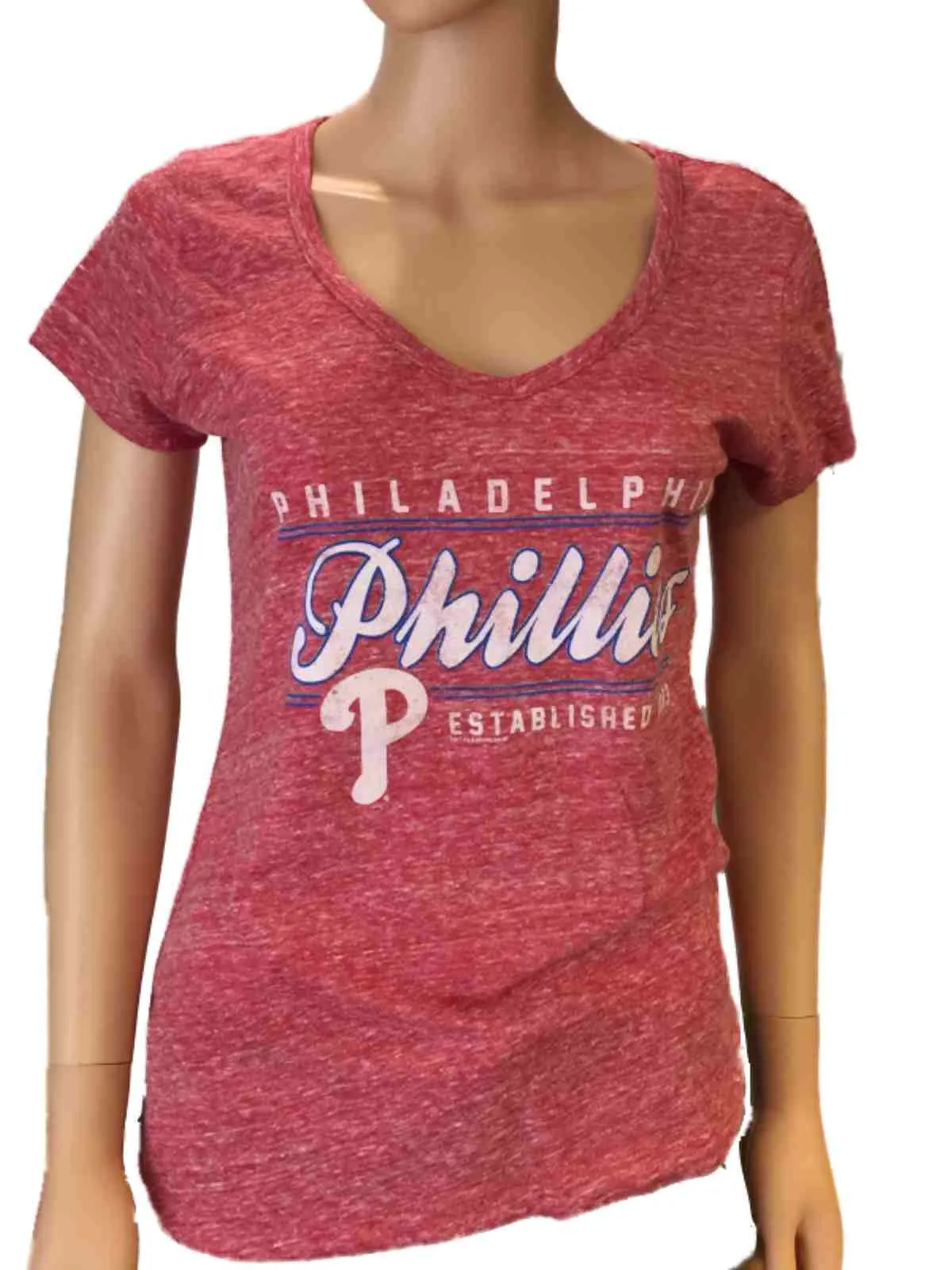 Philadelphia Phillies SAAG Women Red Loose Soft Baseball V-Neck T-Shirt