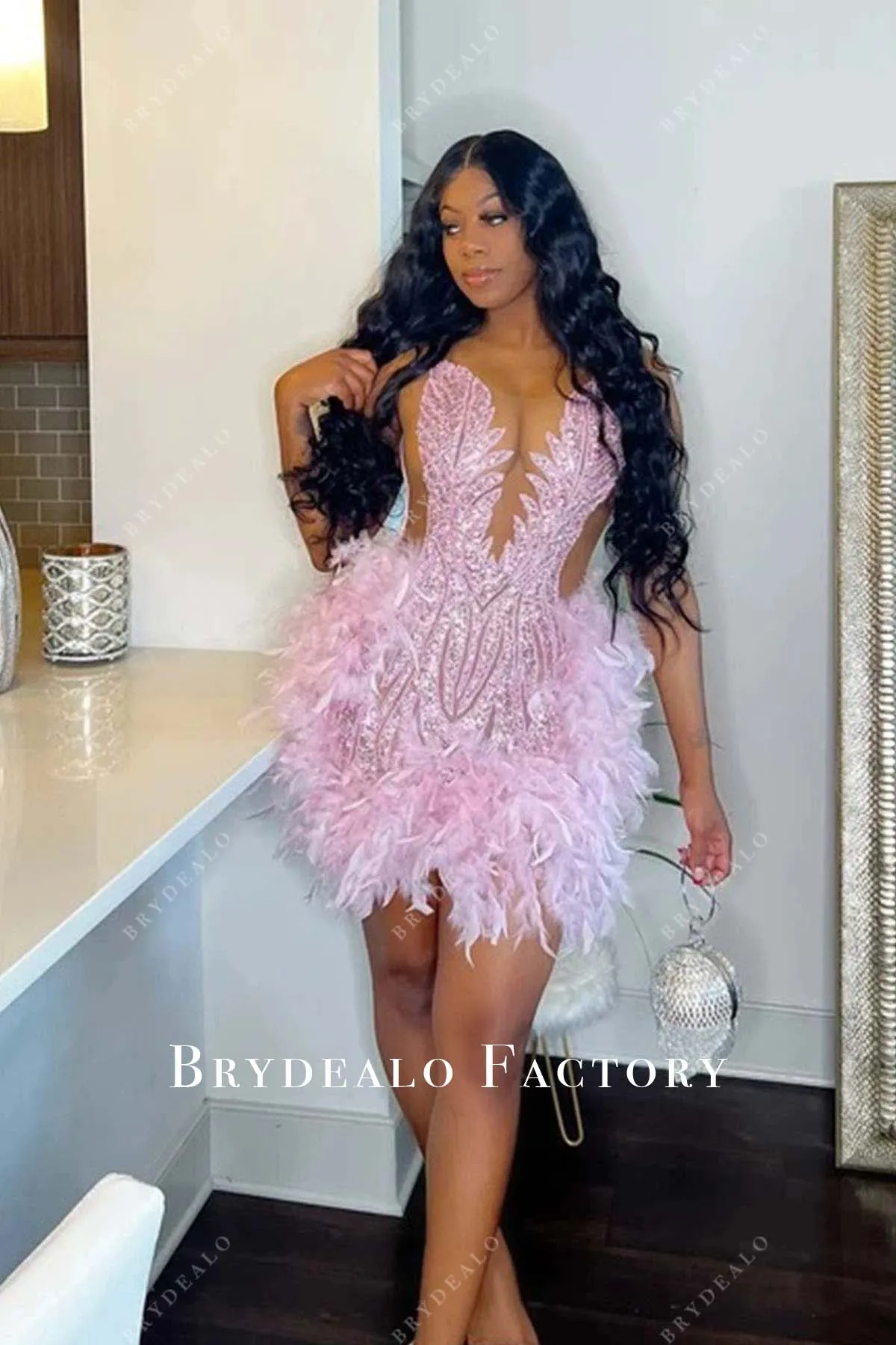 Pink Shimmer Feathered Sleeveless Bodycon Mini Dress