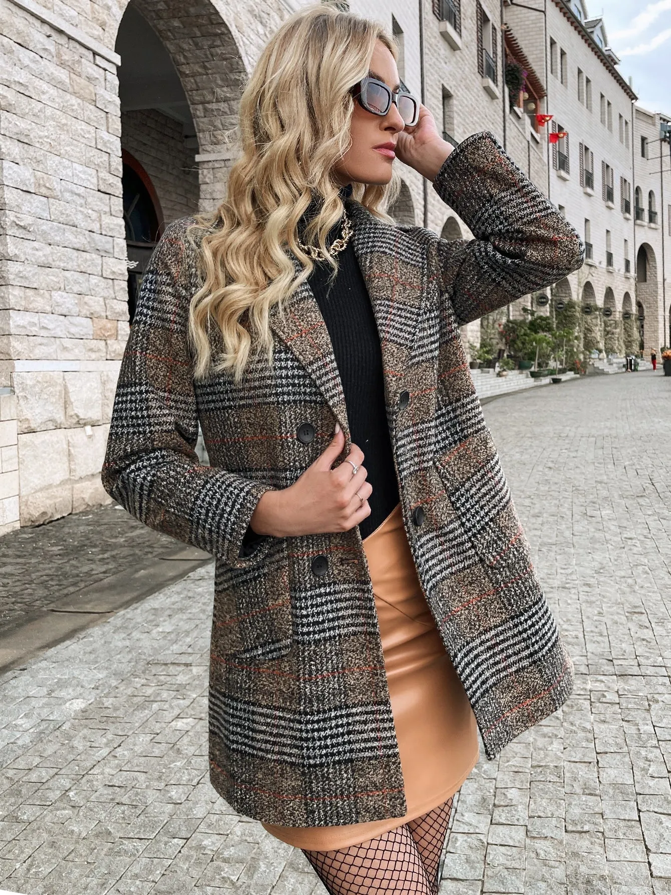 Plaid Pattern Pocket Front Double Breasted Lapel Neck Overcoat