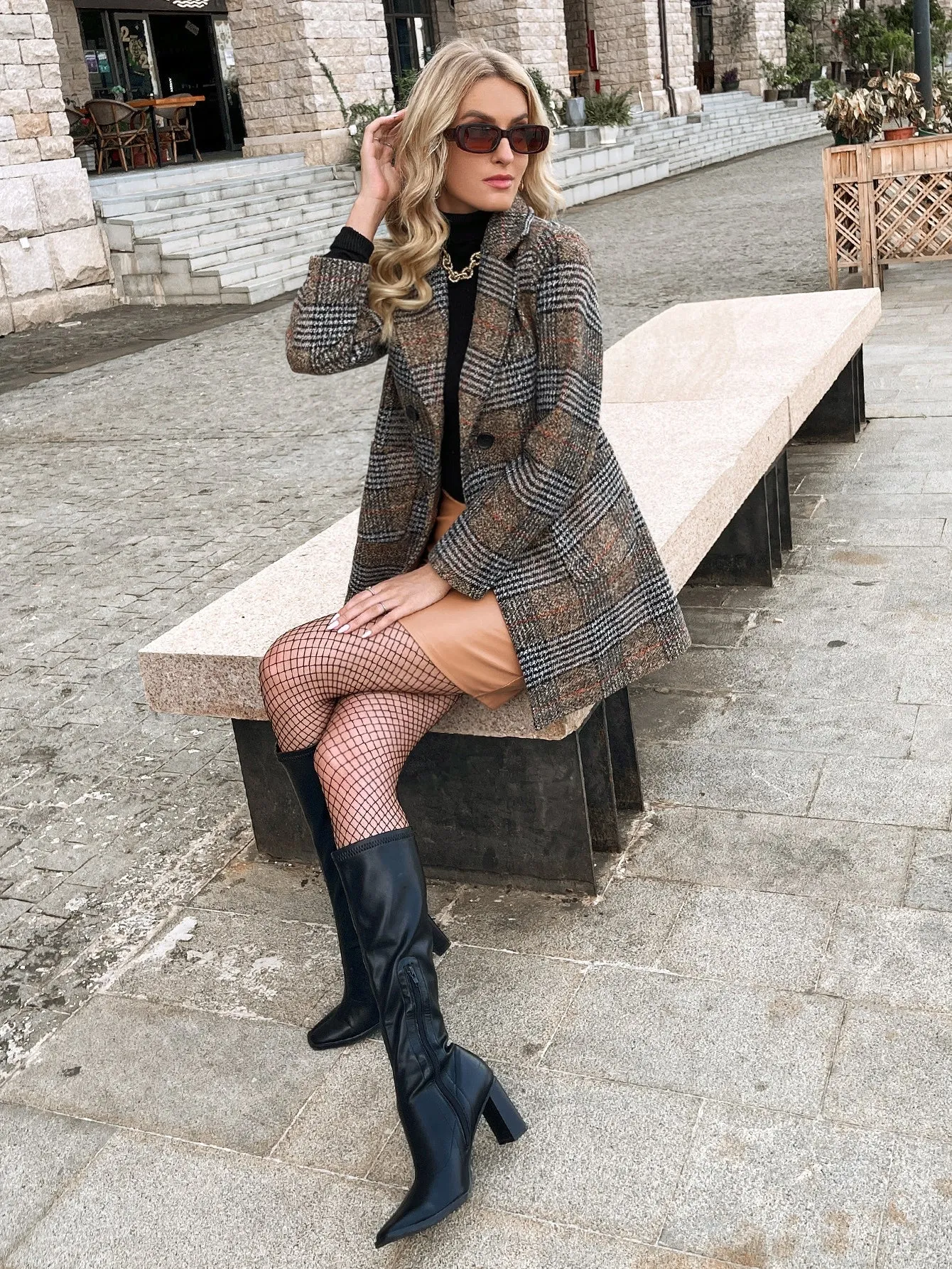 Plaid Pattern Pocket Front Double Breasted Lapel Neck Overcoat