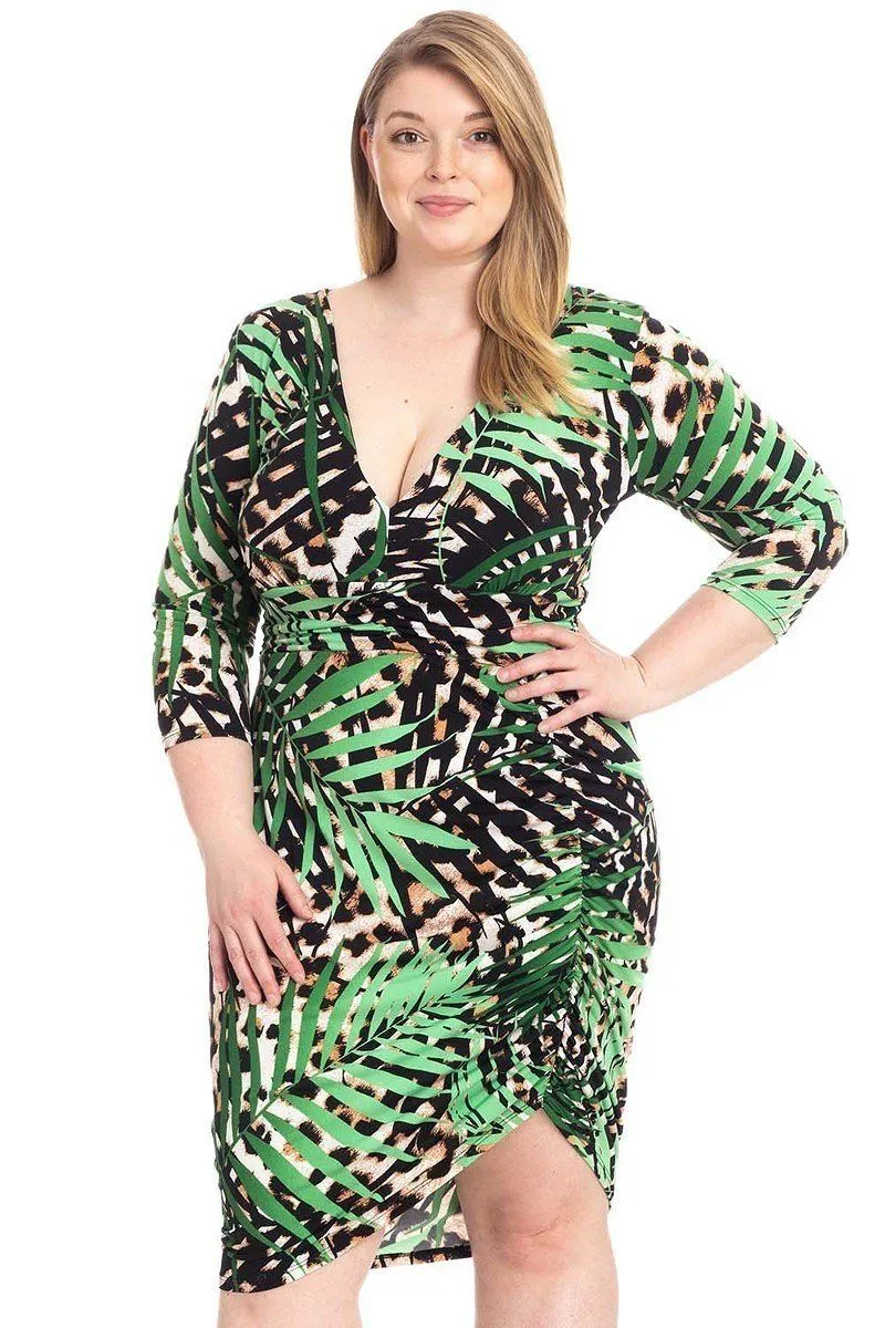 Plus Size Leopard Print With Tropical Leaf Print Bodycon Dress