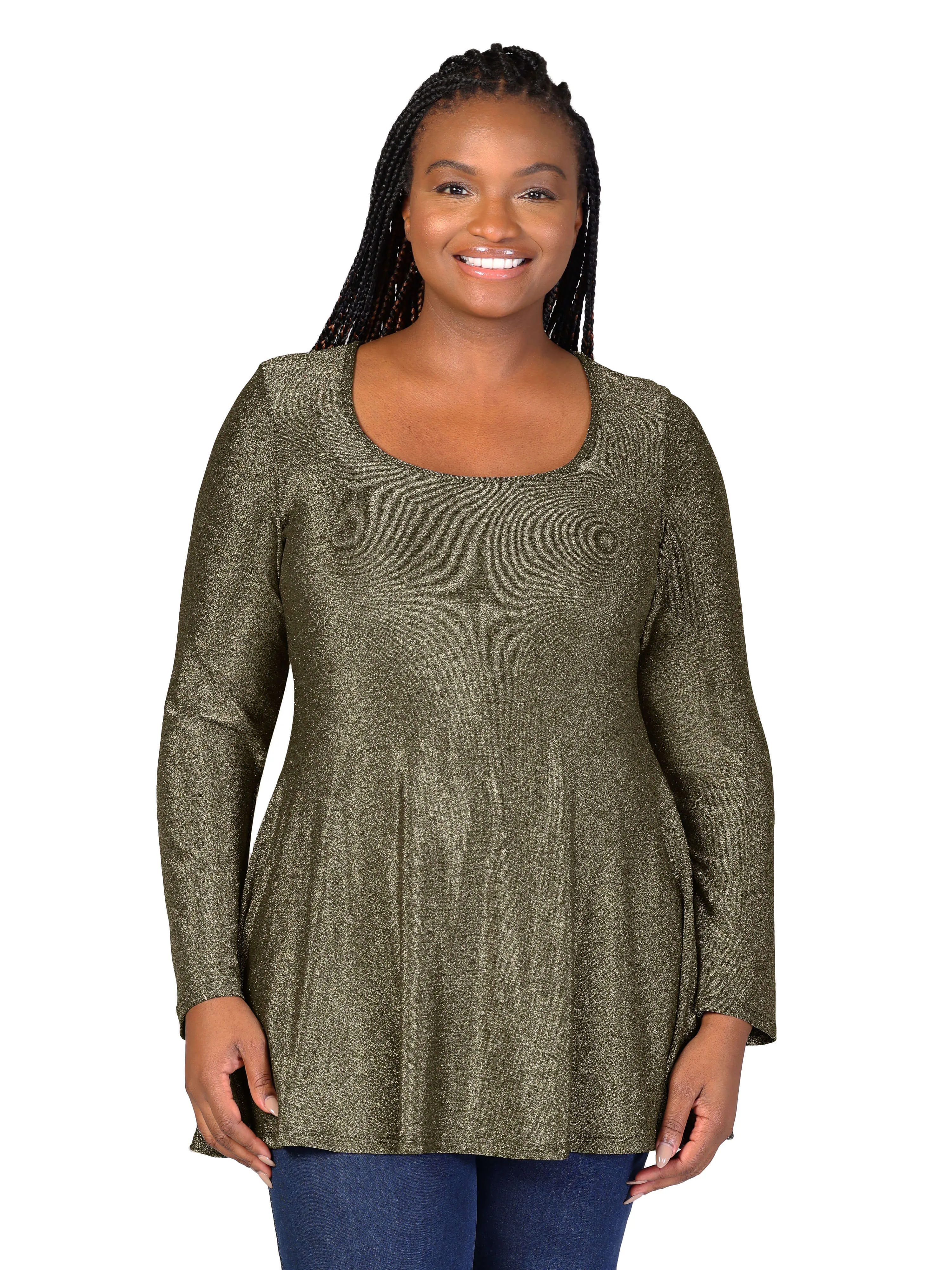 Plus Size Scoop Neck Long Sleeve Shimmery Fabric Tunic Top