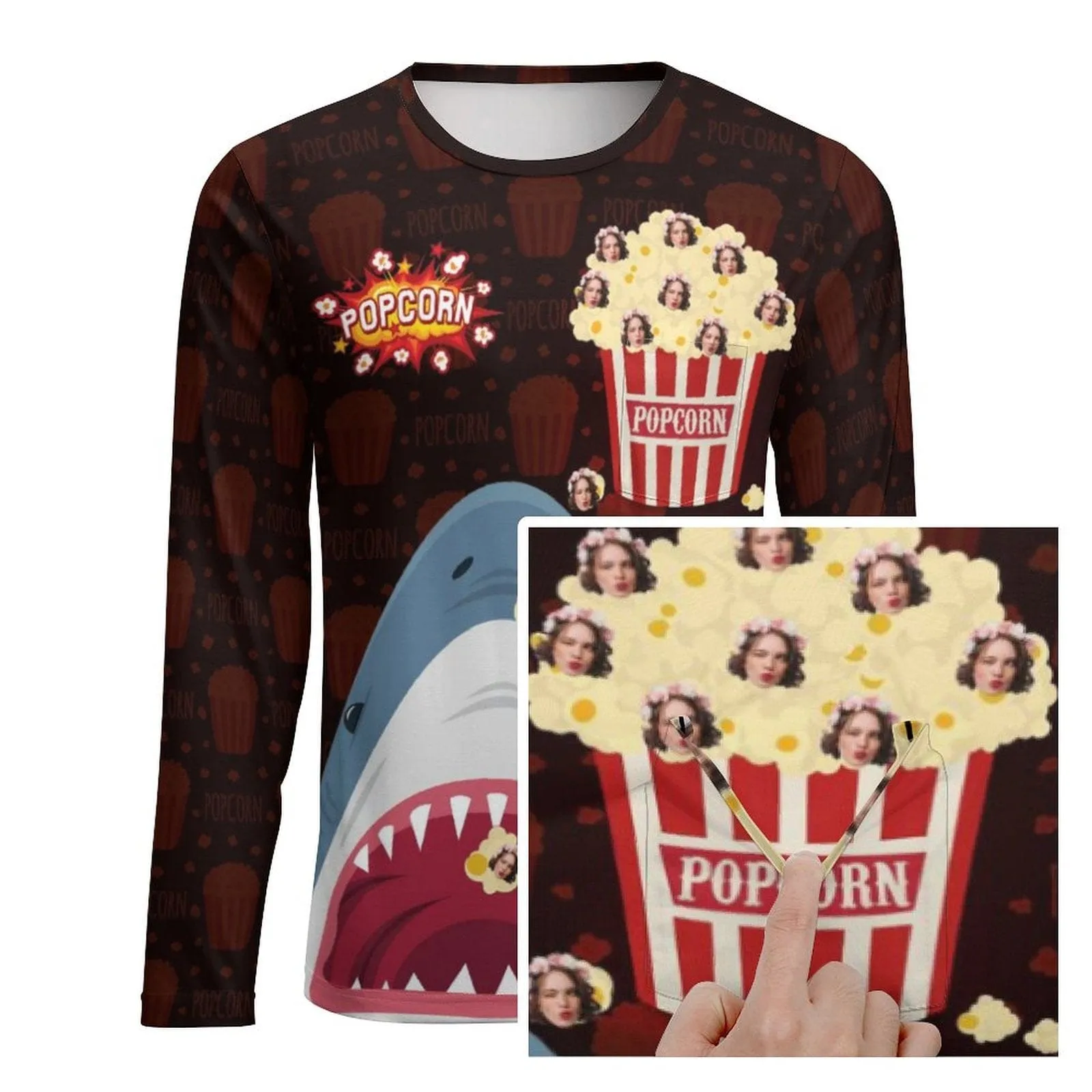 #Pocket Sweatshirt Custom Face Shark and Popcorn Loose Sweatshirt Personalized Face Loose Sweatshirt With Pocket