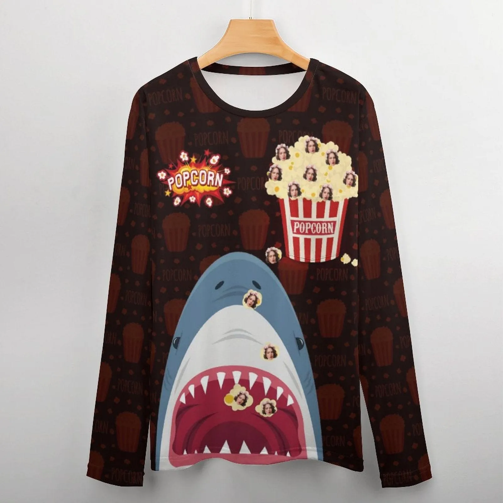 #Pocket Sweatshirt Custom Face Shark and Popcorn Loose Sweatshirt Personalized Face Loose Sweatshirt With Pocket