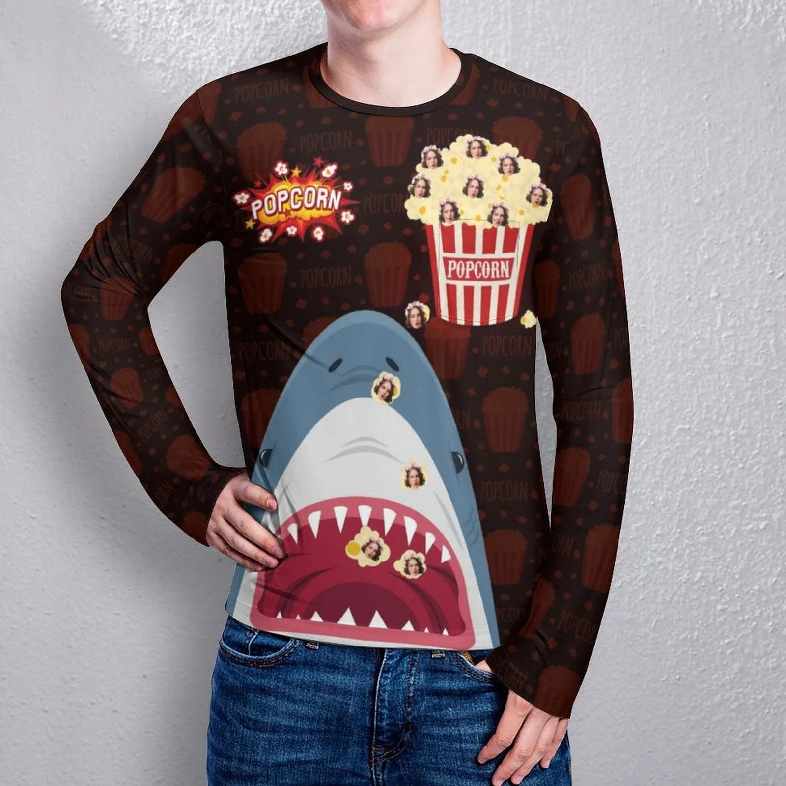 #Pocket Sweatshirt Custom Face Shark and Popcorn Loose Sweatshirt Personalized Face Loose Sweatshirt With Pocket