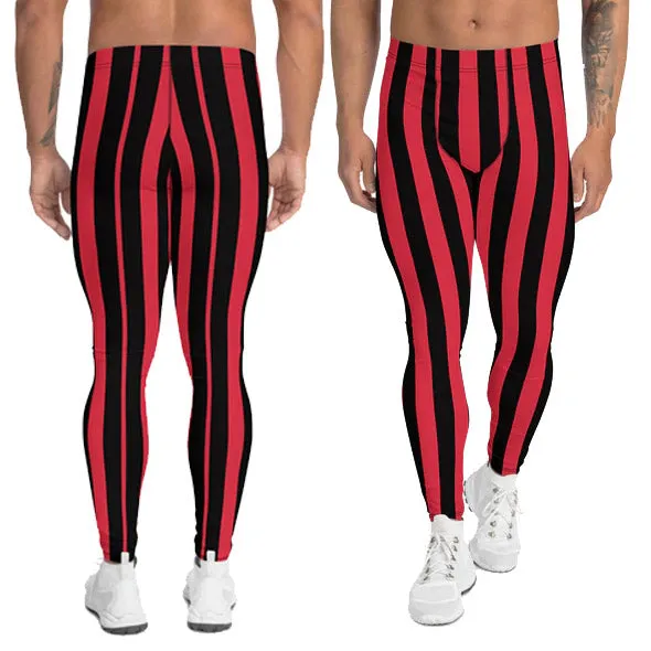 Red Black Striped Men's Leggings, Red and Black Vertical Striped Circus Fashion Men Tights-Made in USA/EU