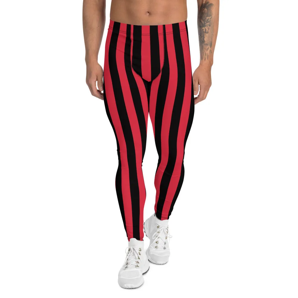 Red Black Striped Men's Leggings, Red and Black Vertical Striped Circus Fashion Men Tights-Made in USA/EU