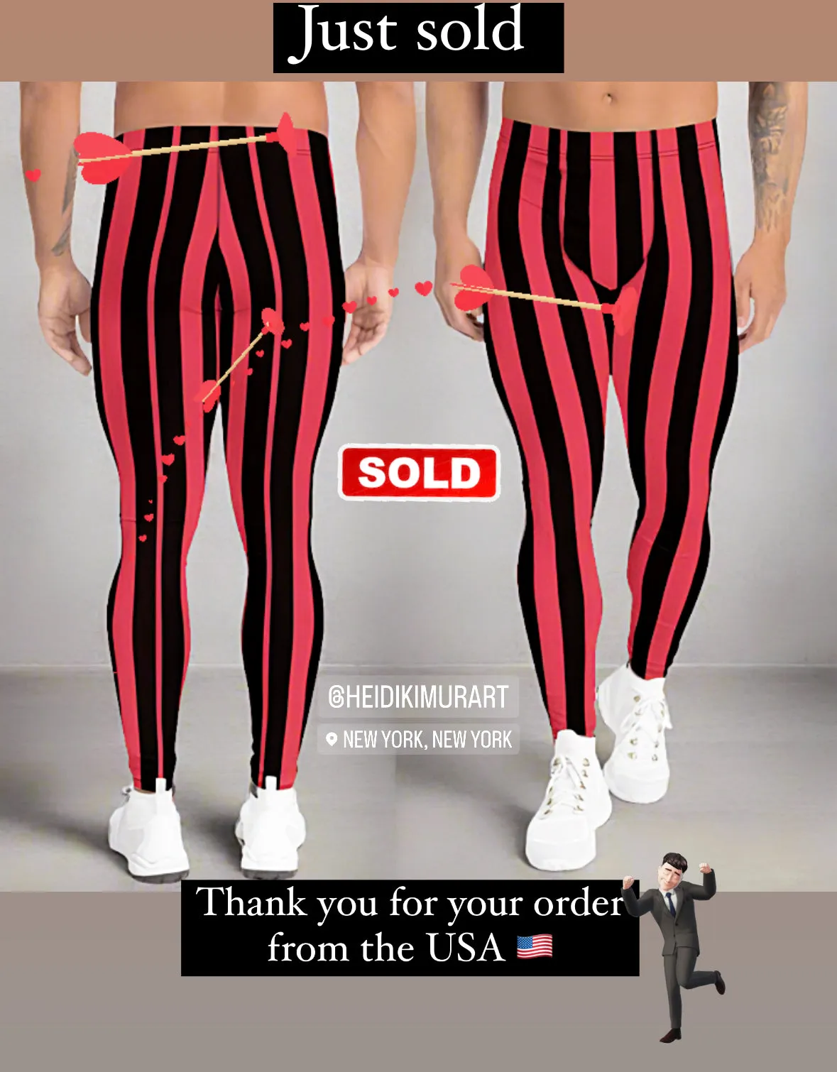 Red Black Striped Men's Leggings, Red and Black Vertical Striped Circus Fashion Men Tights-Made in USA/EU