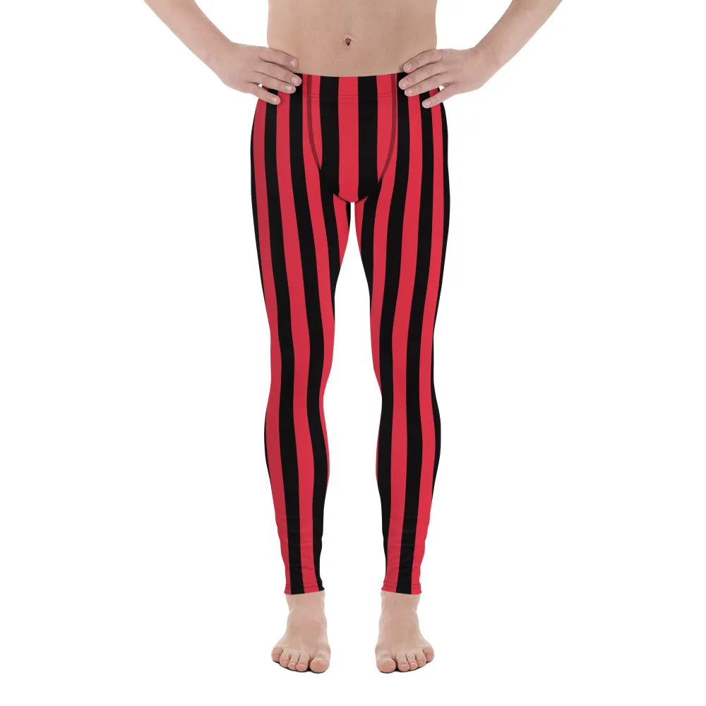 Red Black Striped Men's Leggings, Red and Black Vertical Striped Circus Fashion Men Tights-Made in USA/EU