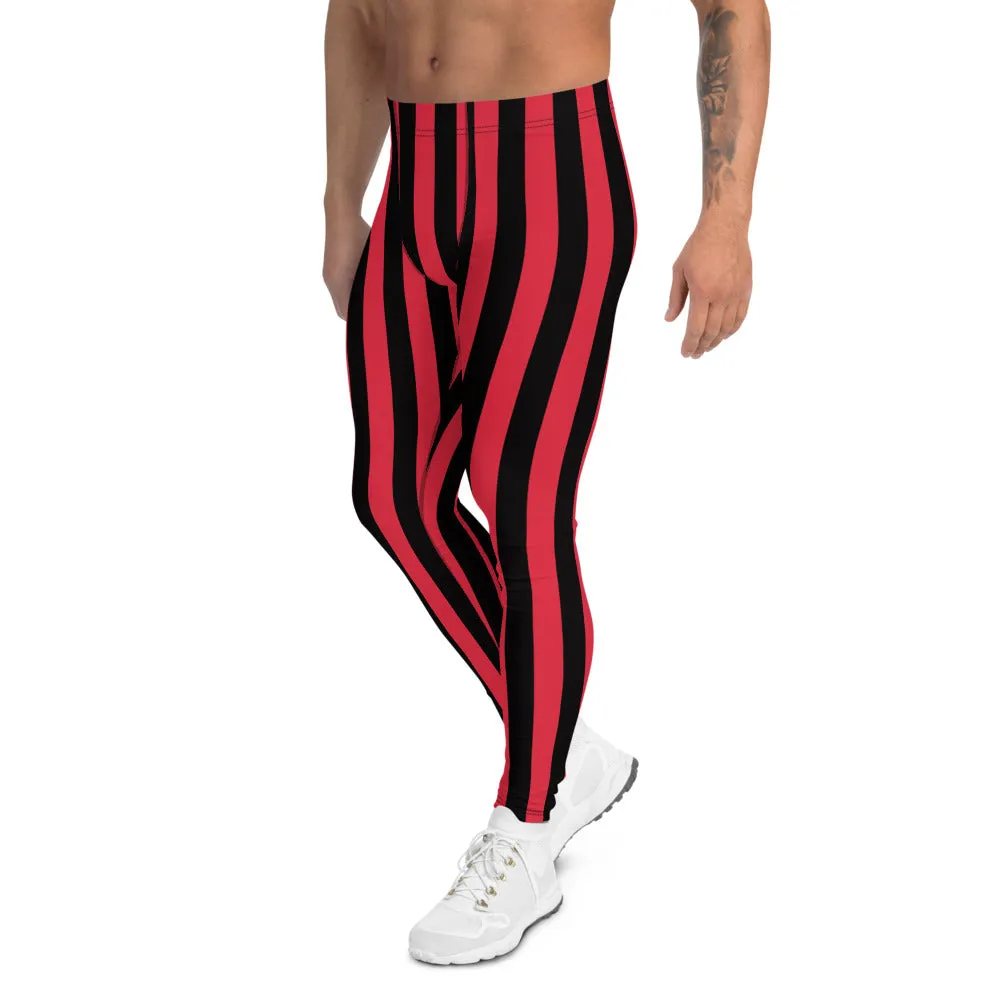 Red Black Striped Men's Leggings, Red and Black Vertical Striped Circus Fashion Men Tights-Made in USA/EU